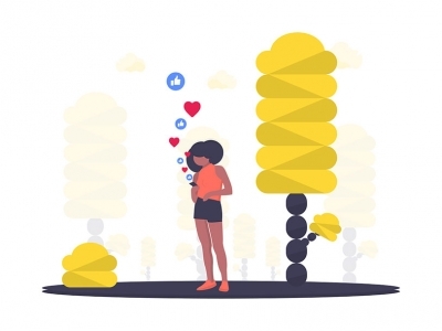 Graphic of person and colorful trees