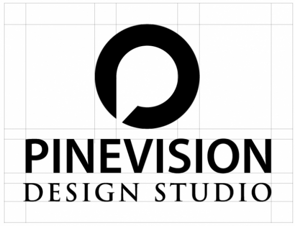 Black Veritcal Pinevision logo with pixel grid background
