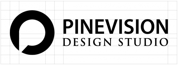 Black Horizontal Pinevision logo with pixel grid background
