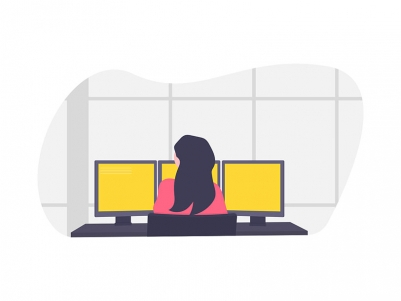 Graphic with woman in front of monitors