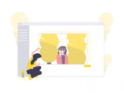 Graphic of person looking at image on monitor