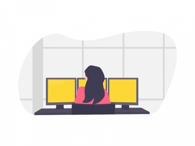 Graphic of person in front of monitors