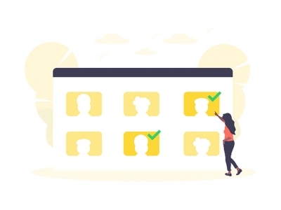 Graphic of woman looking at headshots on monitor window