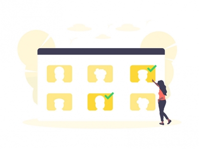 Graphic of woman looking at headshots on monitor window