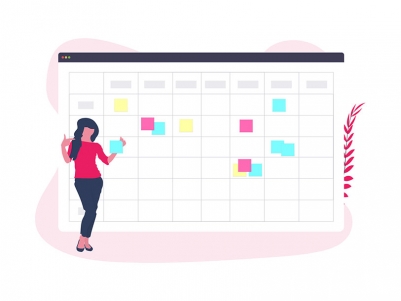 Graphic with woman in front of calendar